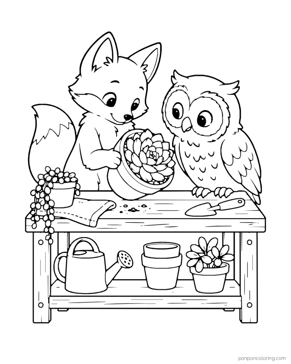 Fox tilting a rosette pot toward an owl across a small garden workbench.