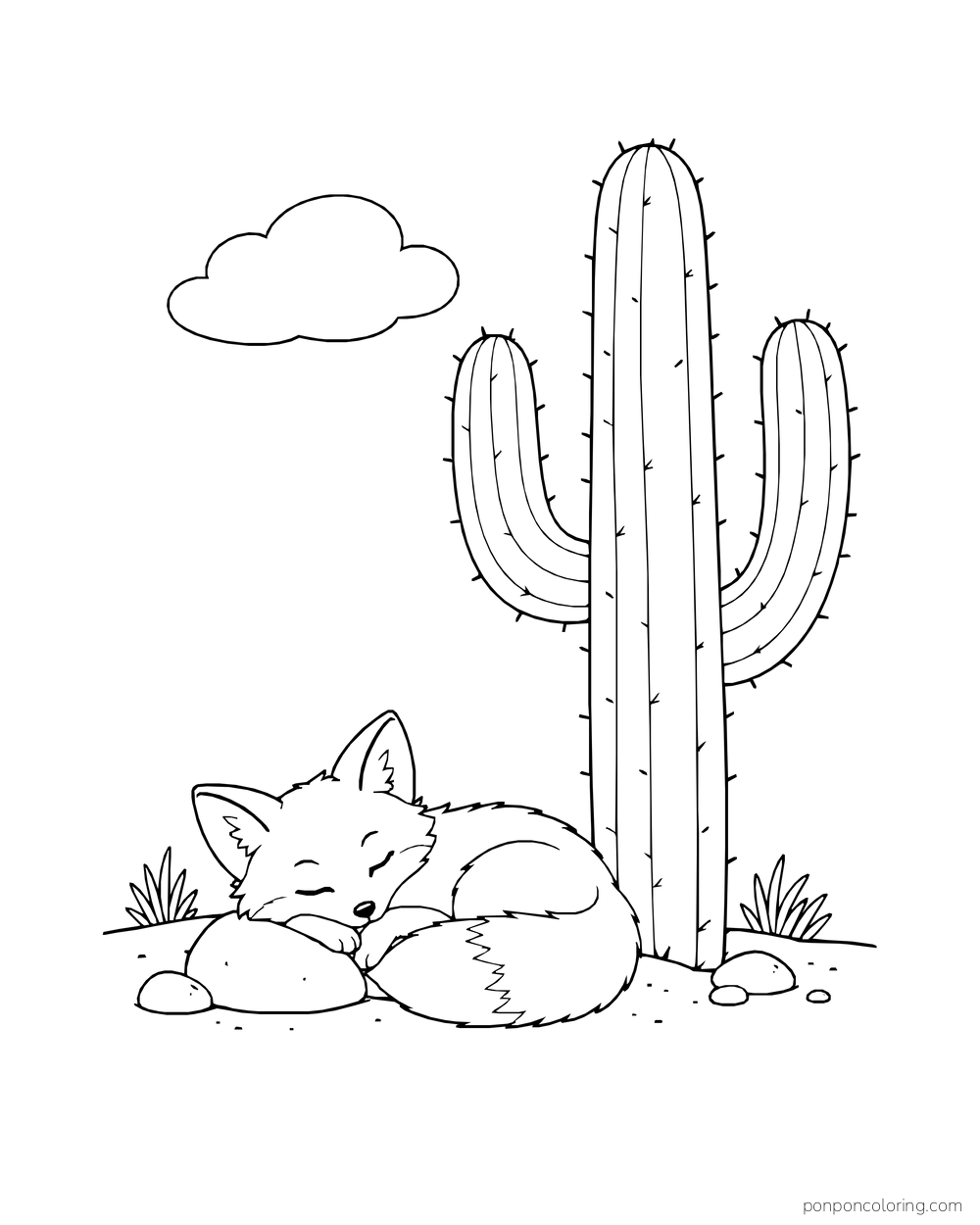 A fox sleeps at the foot of a tall saguaro cactus beneath one cloud.