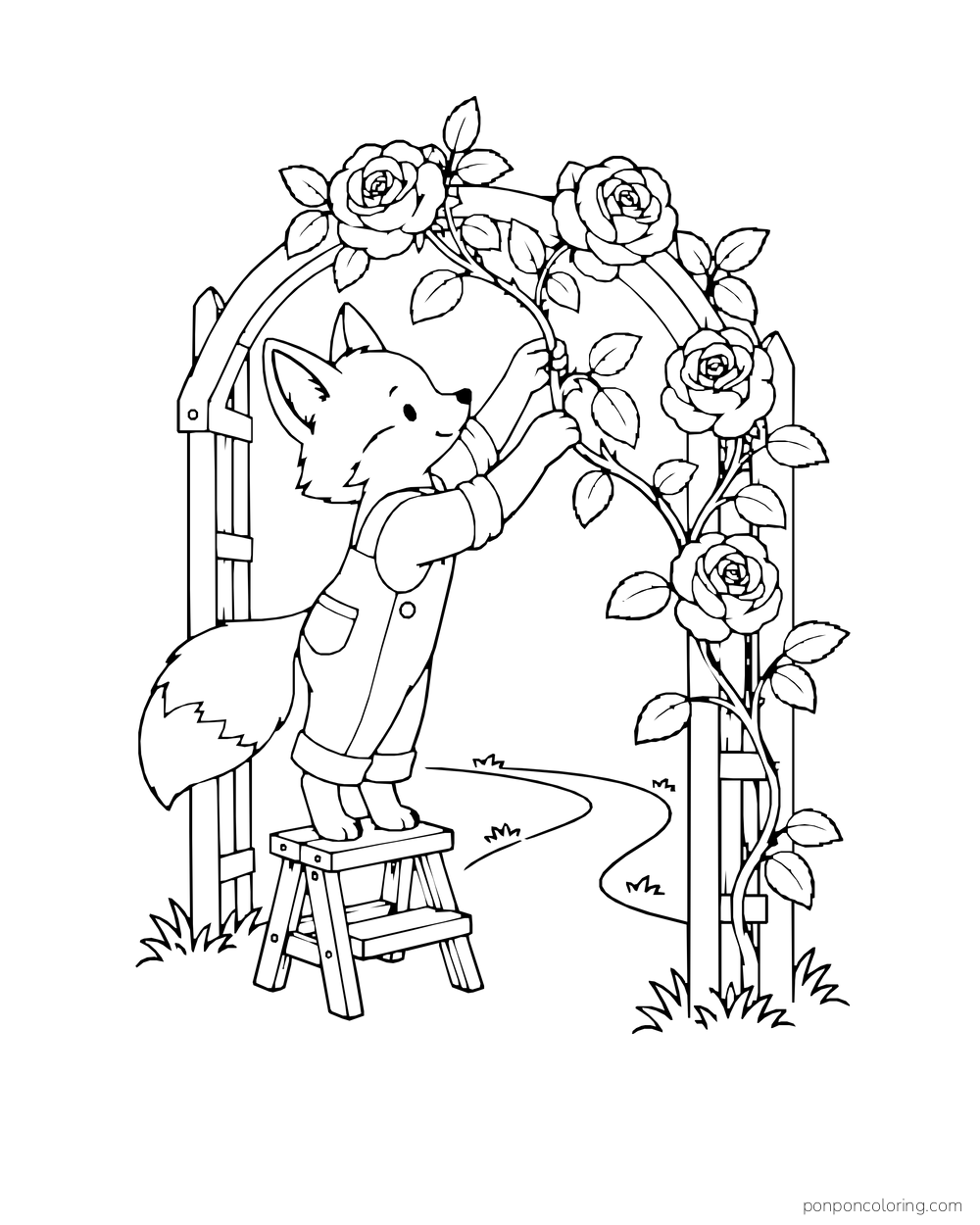 Small fox standing on a step stool and reaching toward roses on a garden arch.