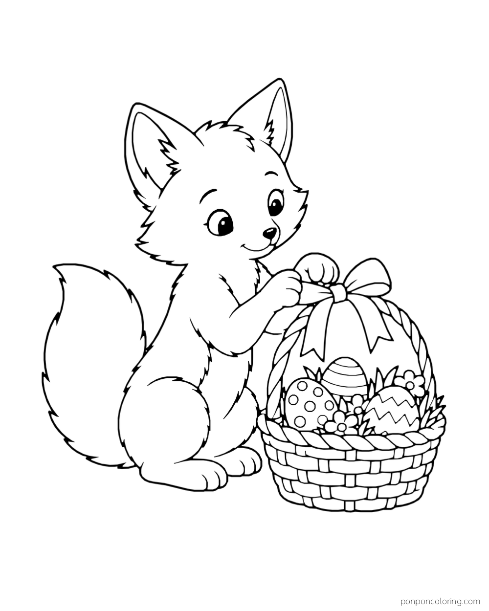 A seated fox ties a bow on a basket filled with decorated Easter eggs and flowers.