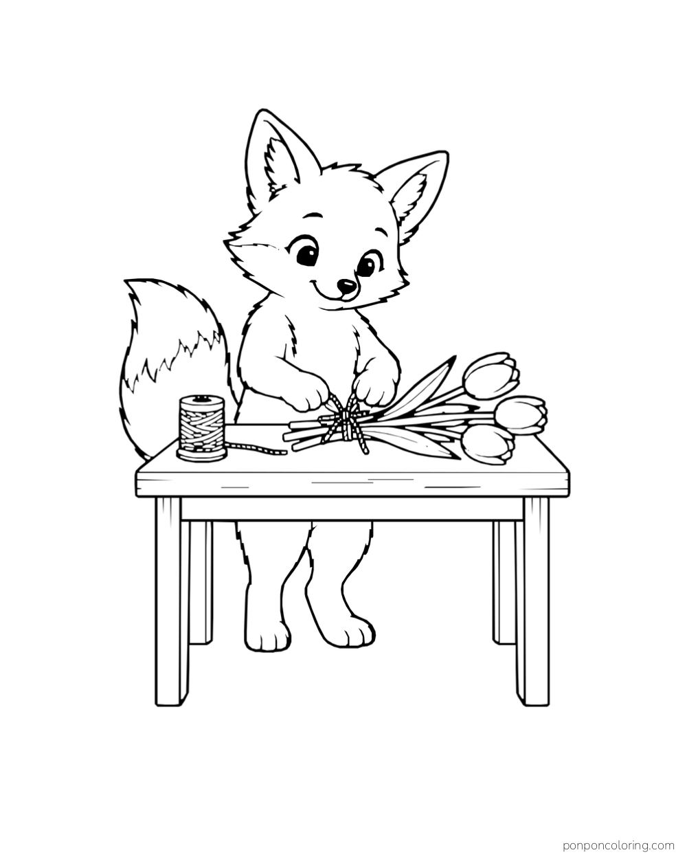 A fox tying a bundle of cut tulips at a small table beside a spool of twine.