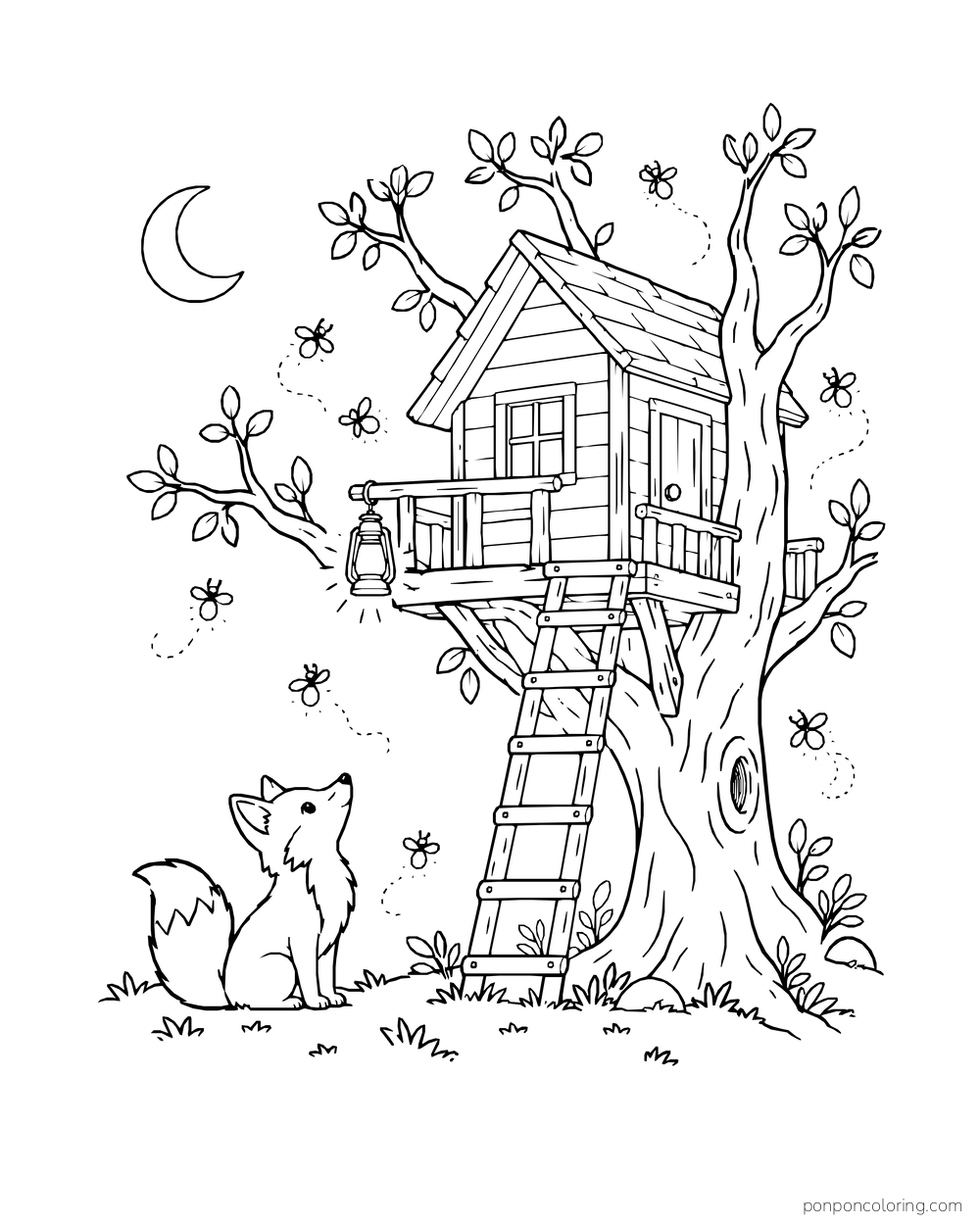 A fox looks toward fireflies below a treehouse with a porch lantern and crescent moon.