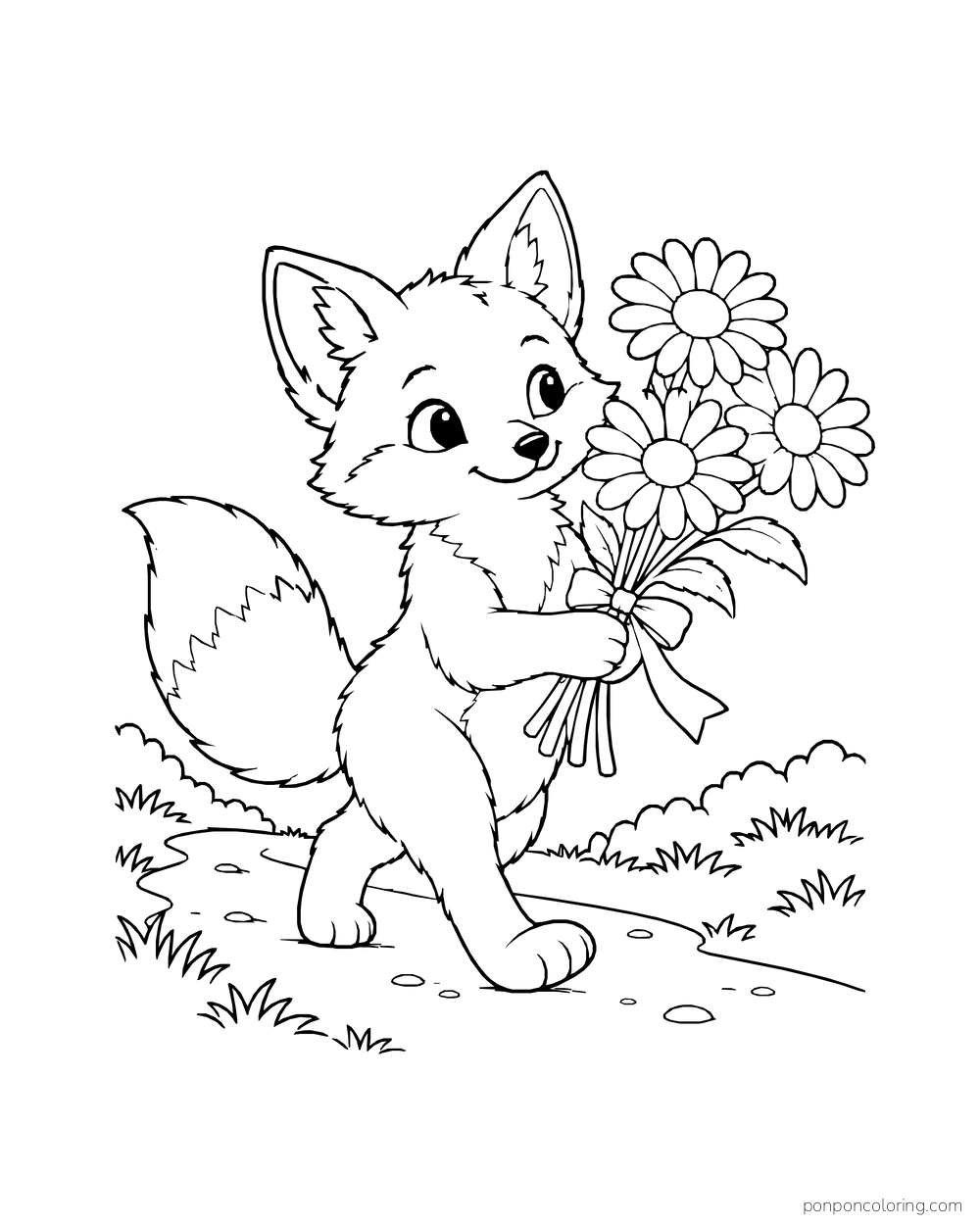 A fox cub walks along a path carrying a tied bouquet of daisies.