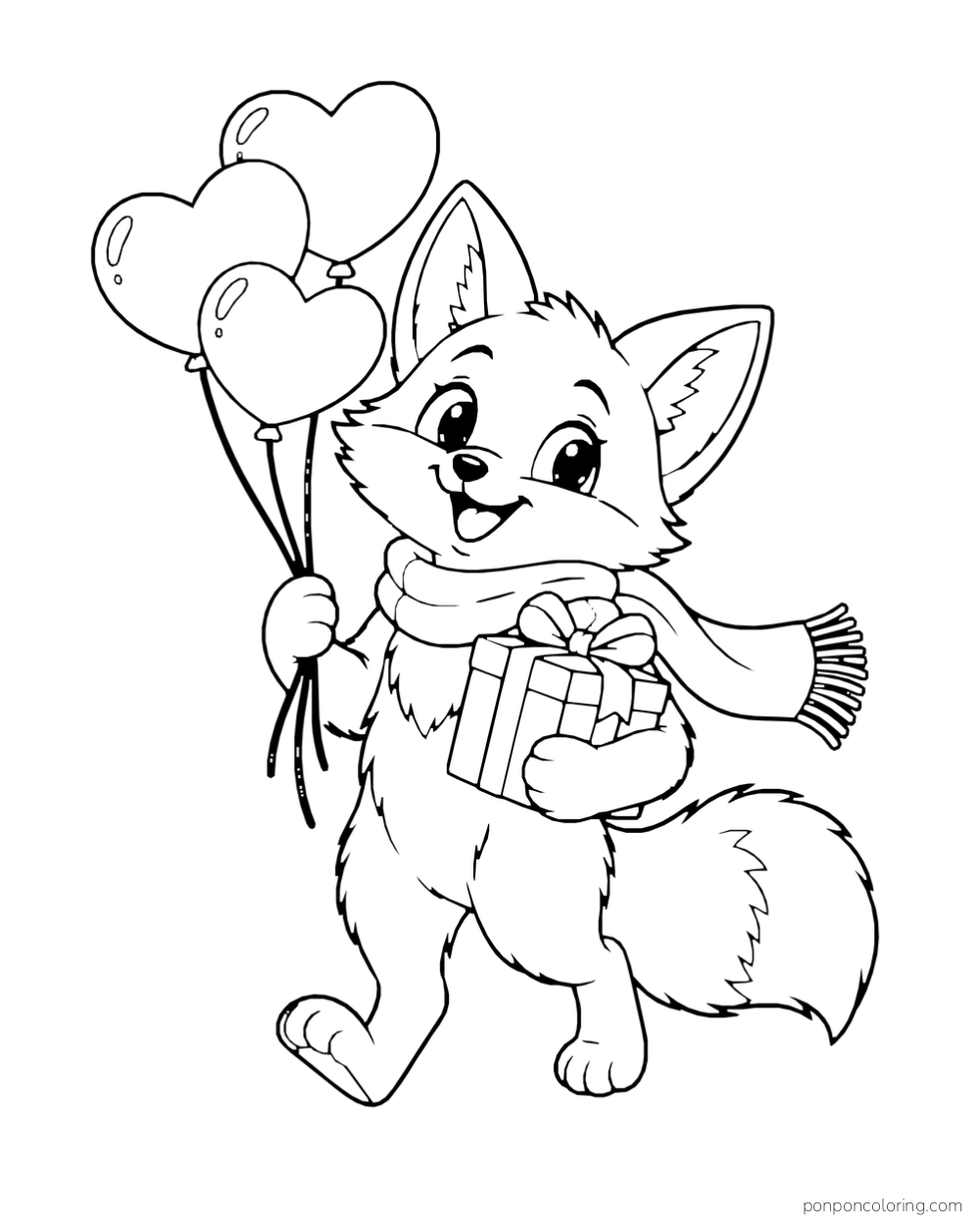 A scarf-wearing fox carries three heart balloons and a wrapped present.