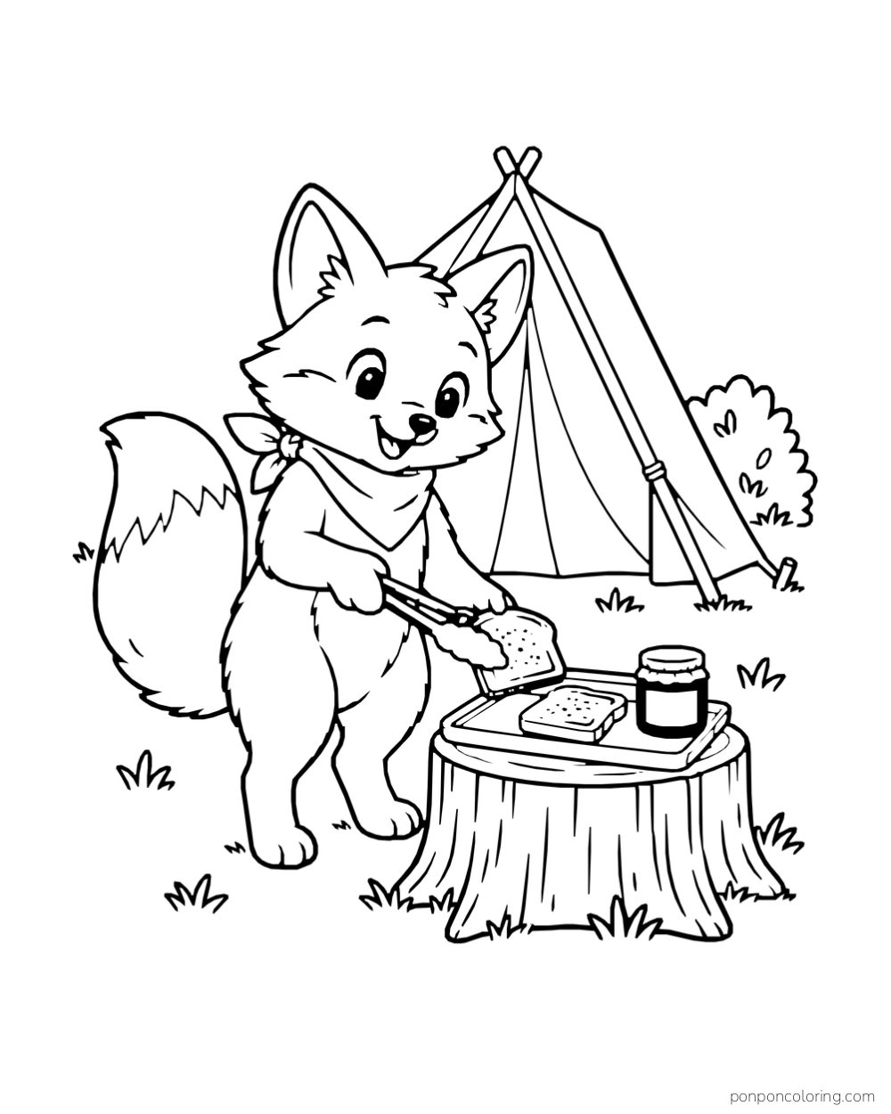 A fox sets toasted bread on a tray outside a tent.