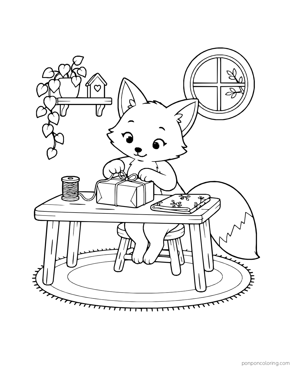 A fox tying string around a parcel at a desk beside a spool, folded paper, leafy shelf plant, and round window.