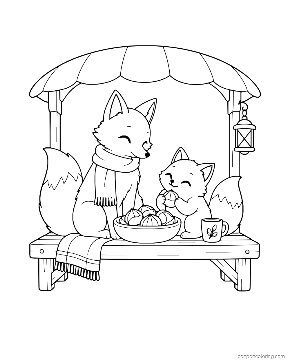 Two foxes sharing a bowl of chestnuts on a bench beneath an awning with a lantern and mug.