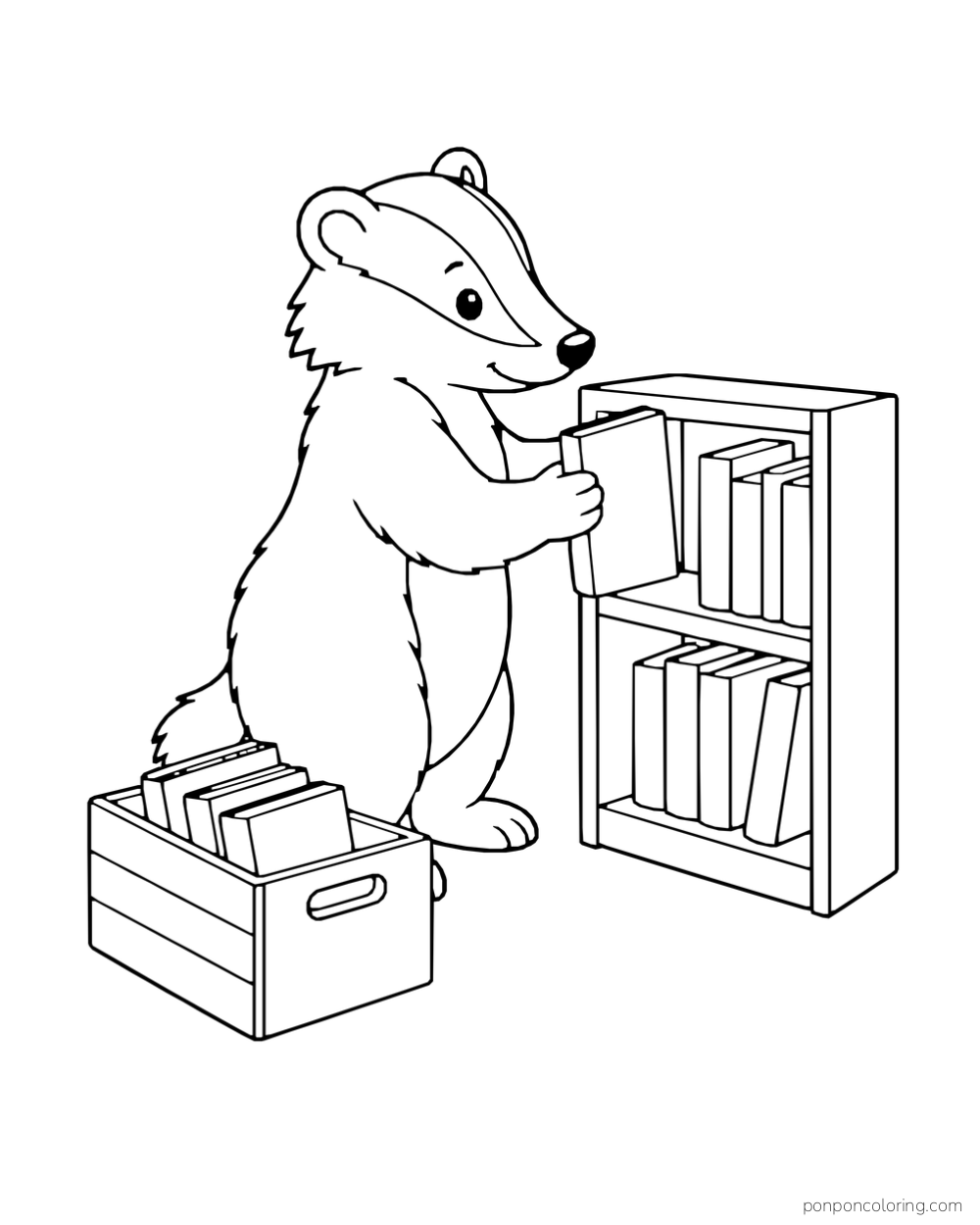 A badger placing a book on a low bookcase with a crate of books beside it.