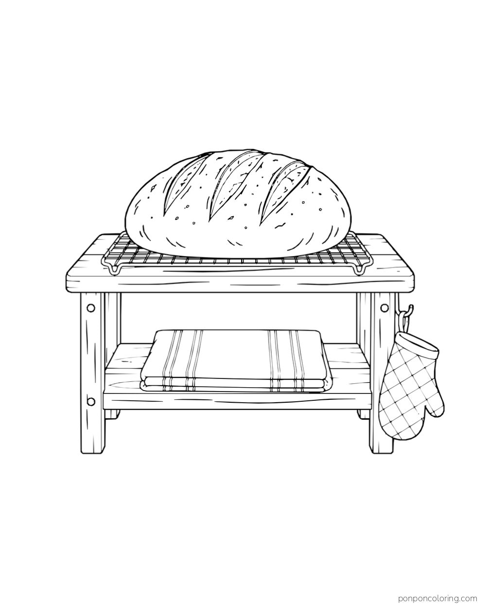 A large scored loaf on a cooling rack above a wooden shelf holding folded towels, with an oven mitt hanging at the side.