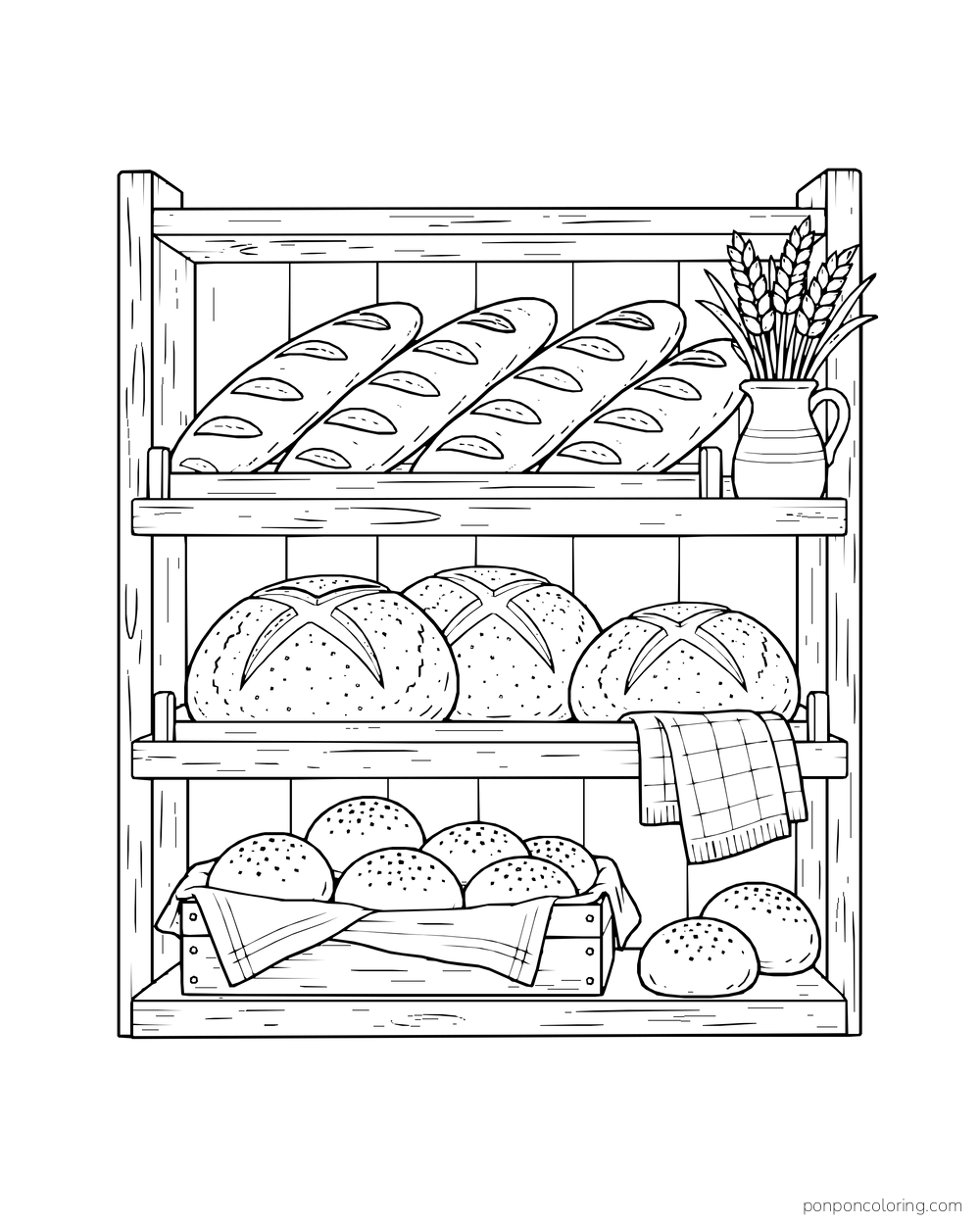 Wooden bakery shelves hold baguettes, round loaves, and small rolls beside wheat and a cloth.