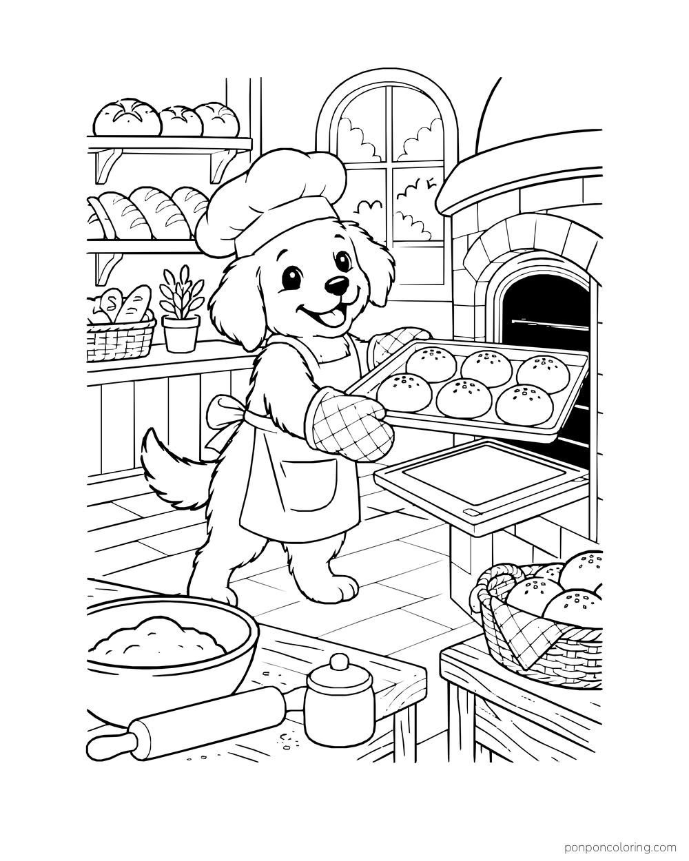 A puppy baker in oven mitts carries a tray of buns away from a brick oven.