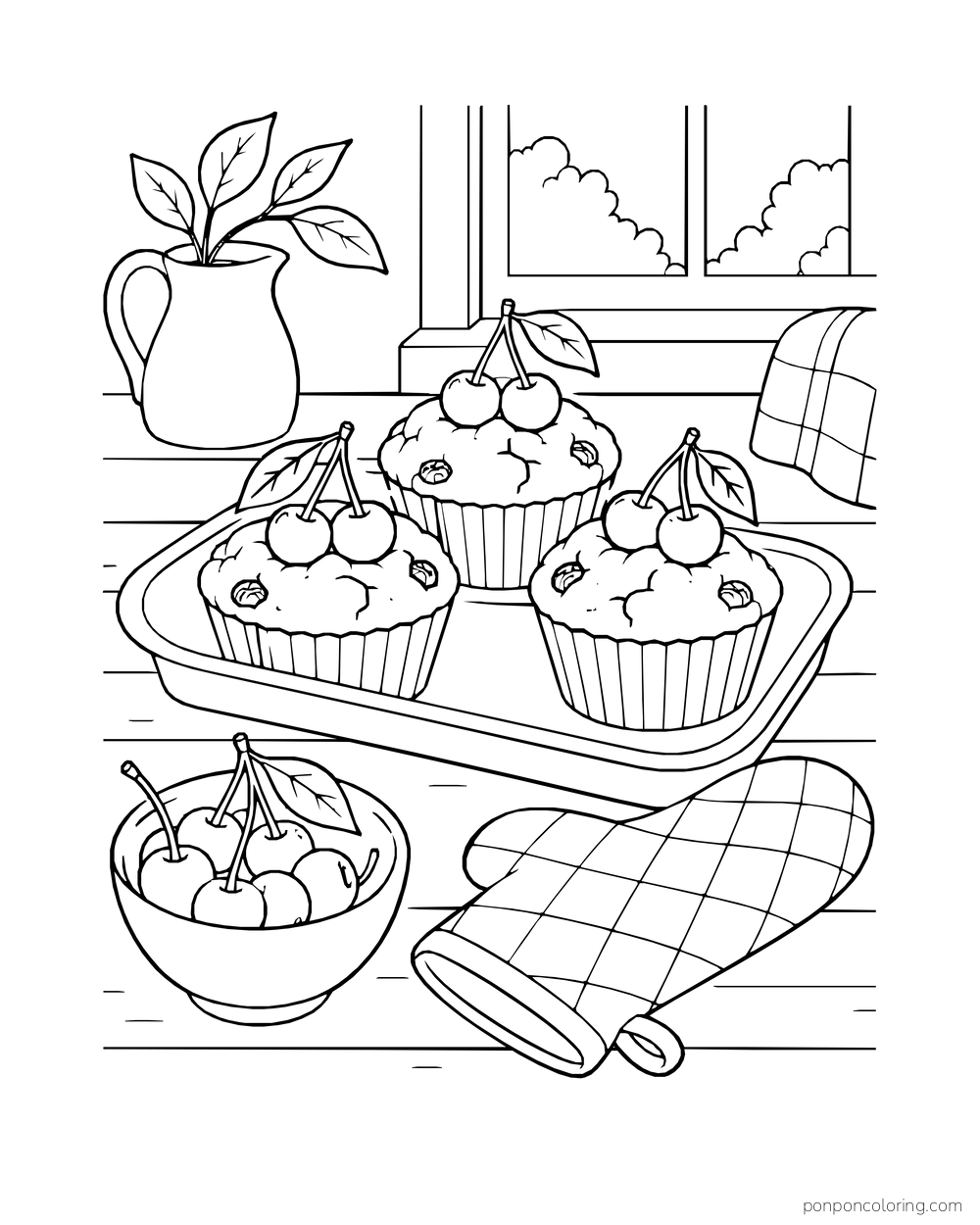 Three cherry-topped muffins sit on a tray beside a small bowl of fruit and an oven mitt.