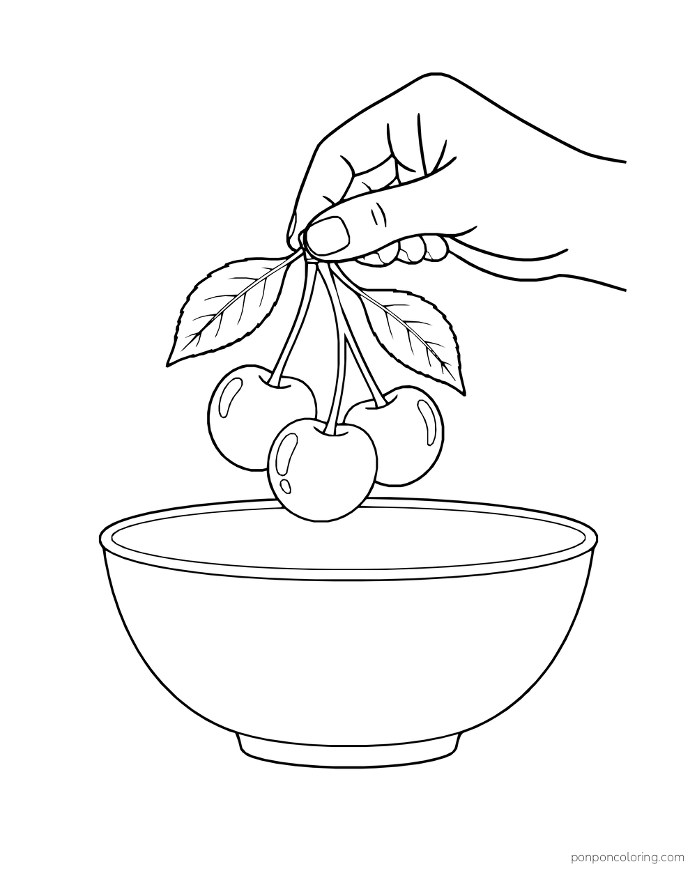 A hand lifts a small bunch of cherries over a plain gathering bowl.