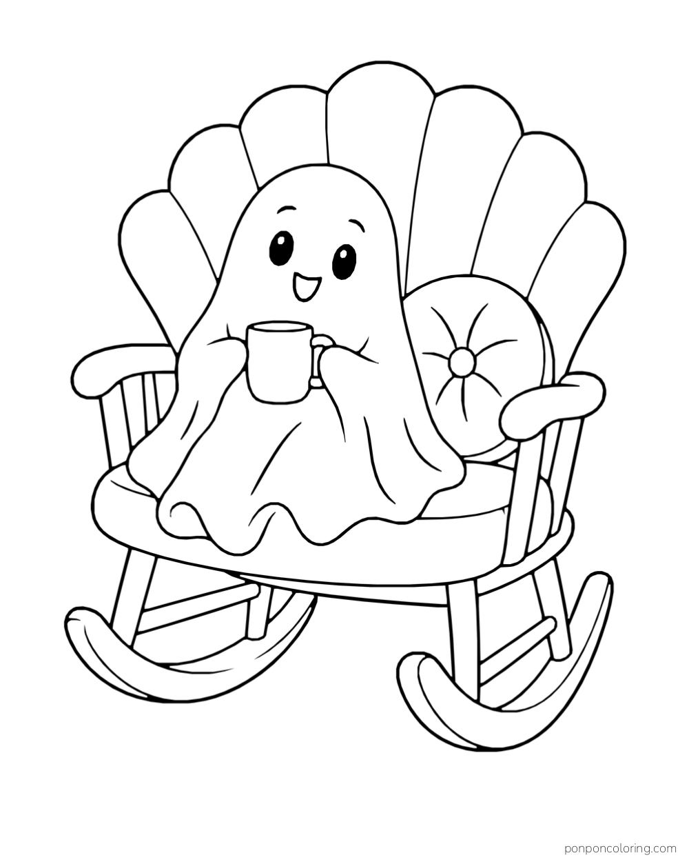 A friendly ghost holds a mug in a shell-backed rocking chair with a round cushion.
