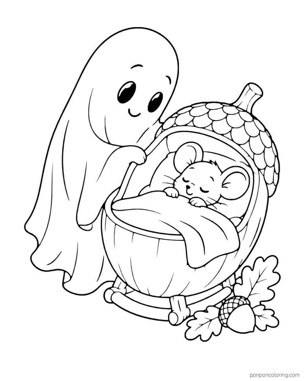 A ghost watches a sleeping mouse in an acorn cradle with a blanket.