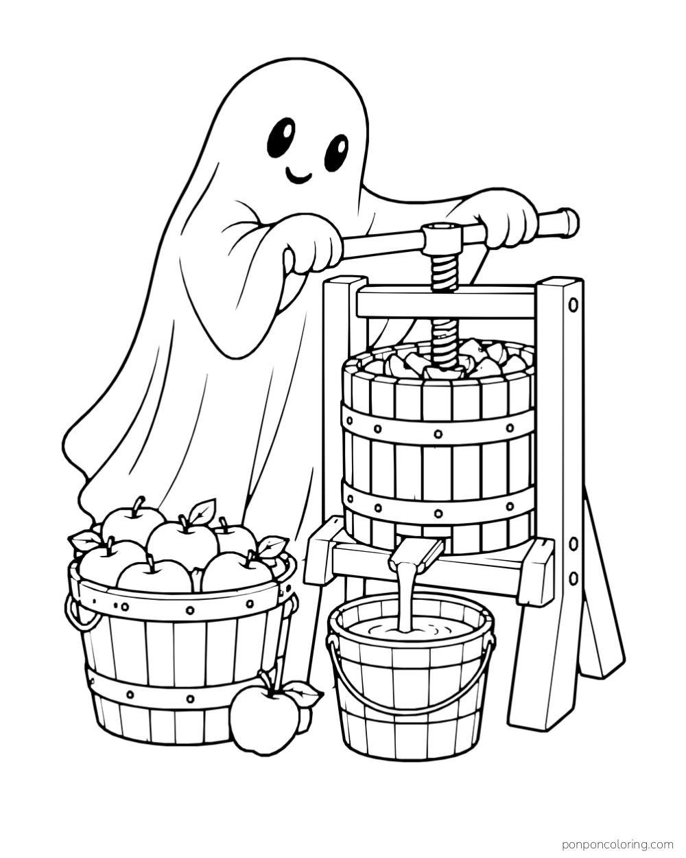 A ghost turns an apple press beside a basket of apples and a bucket.