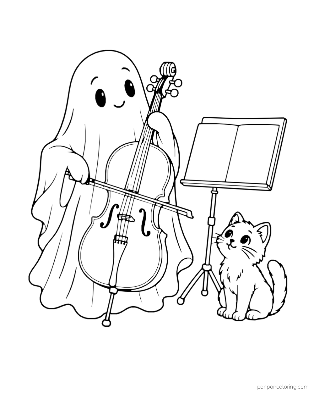 A ghost plays a cello beside a music stand while a kitten watches.