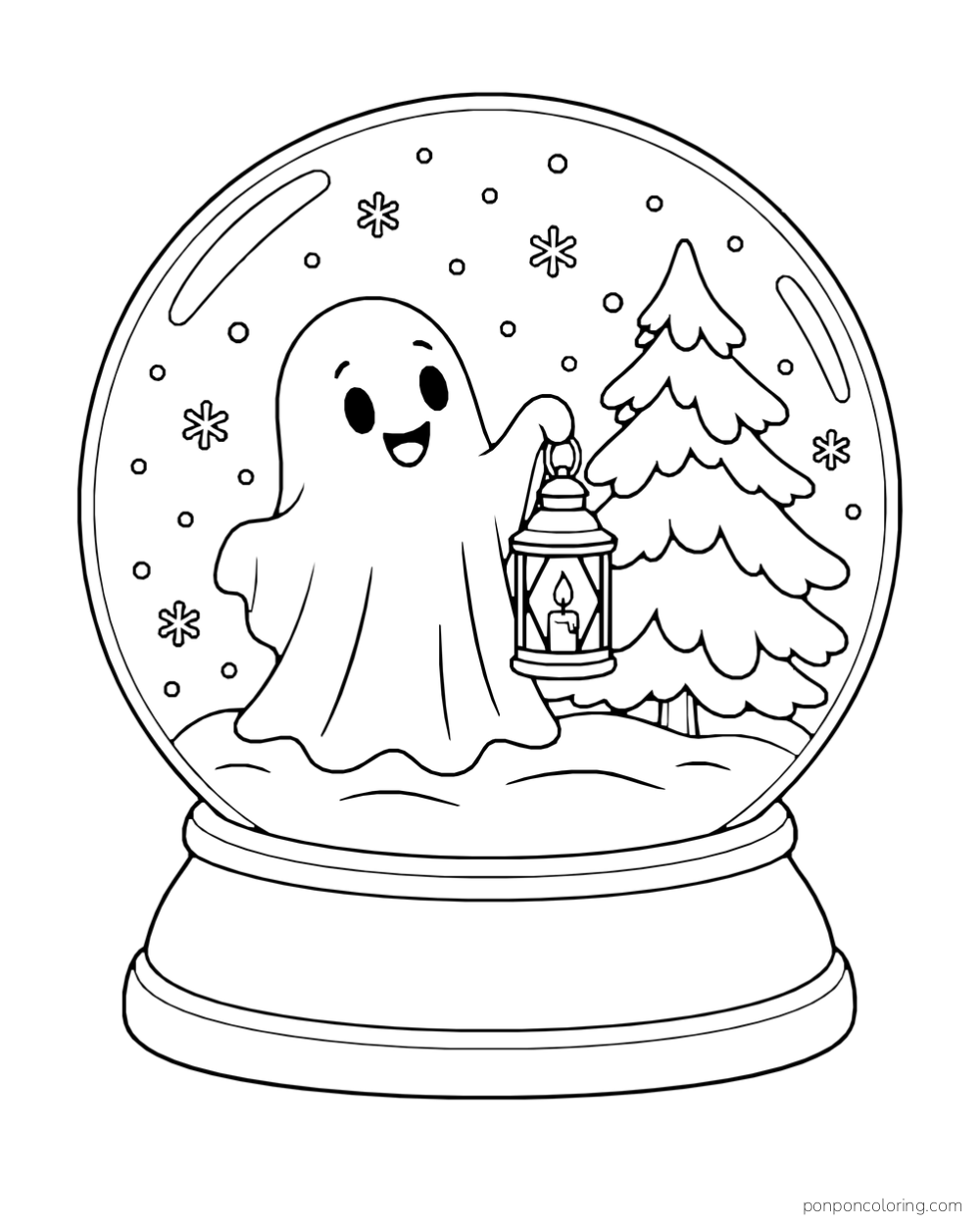 A ghost holds a lantern beside a pine tree inside a snow globe.