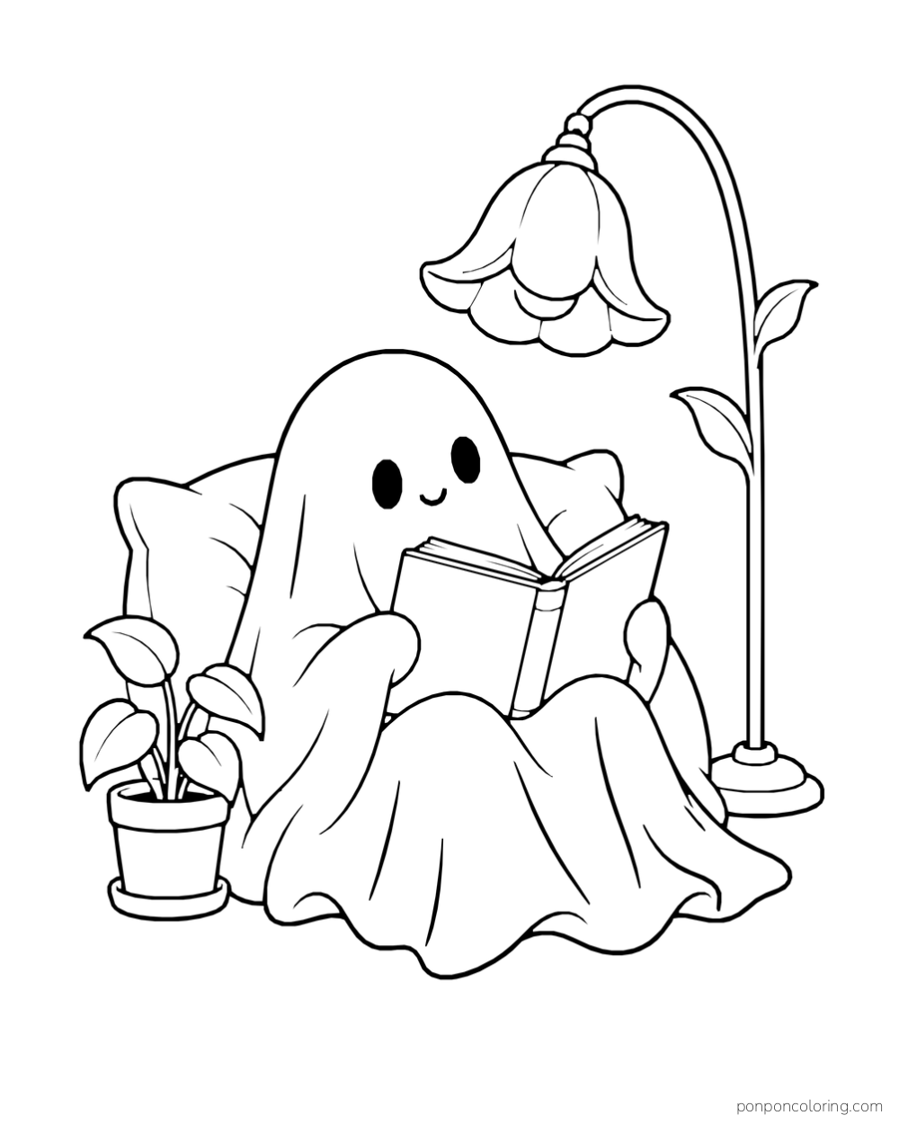 A ghost reads against a cushion beneath a bell-flower lamp beside a potted plant.
