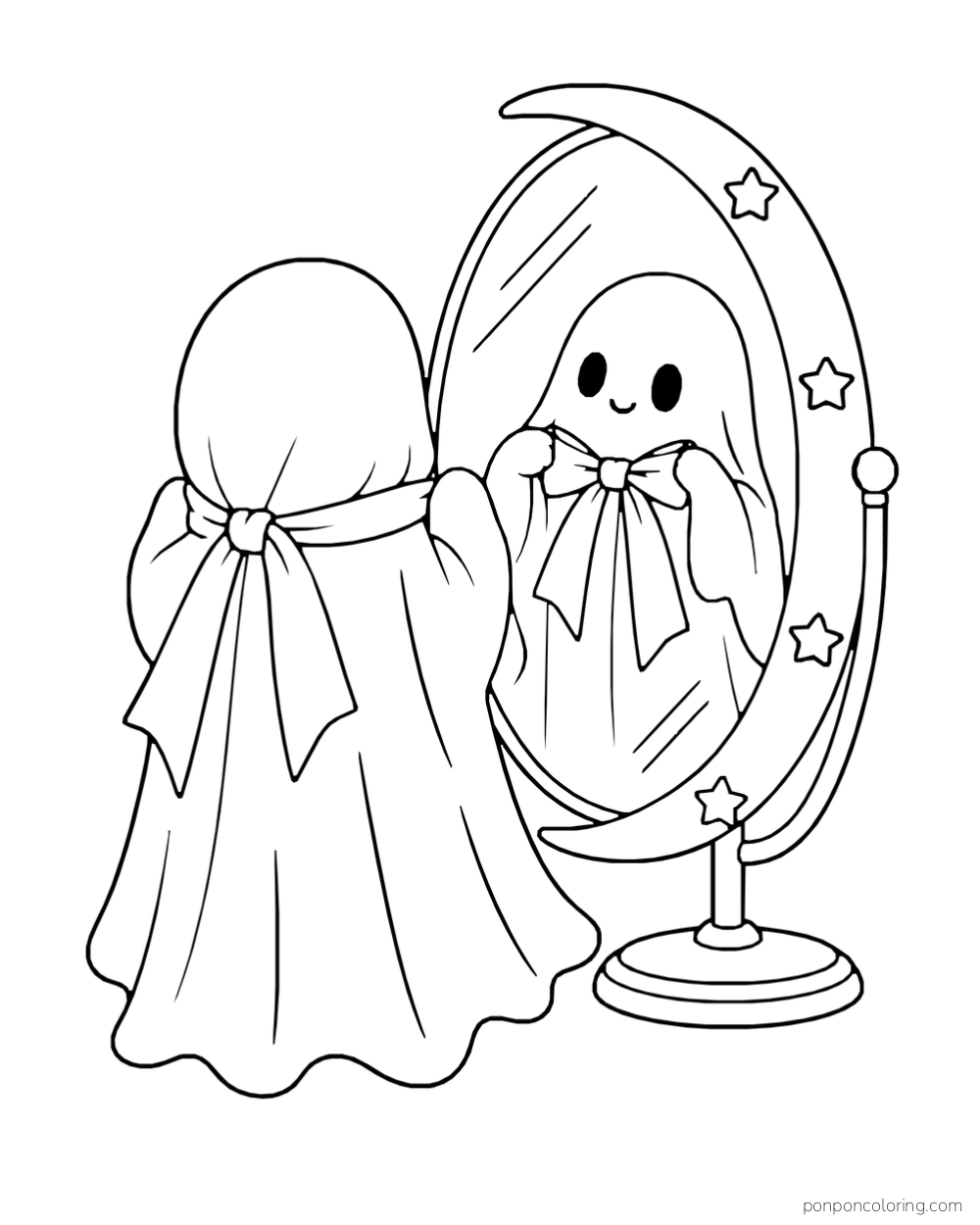A ghost adjusts a ribbon while looking into a crescent-framed mirror.