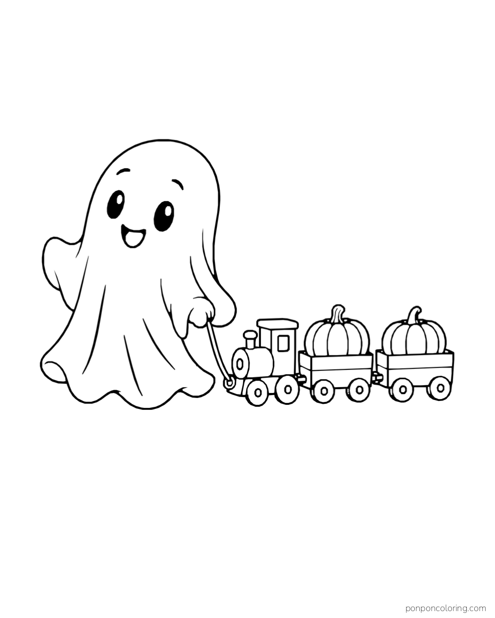 A ghost pulls a toy train carrying pumpkins in two wagons.