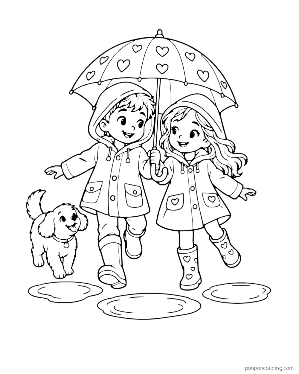 Two children in raincoats share a heart-patterned umbrella while a puppy walks beside them.