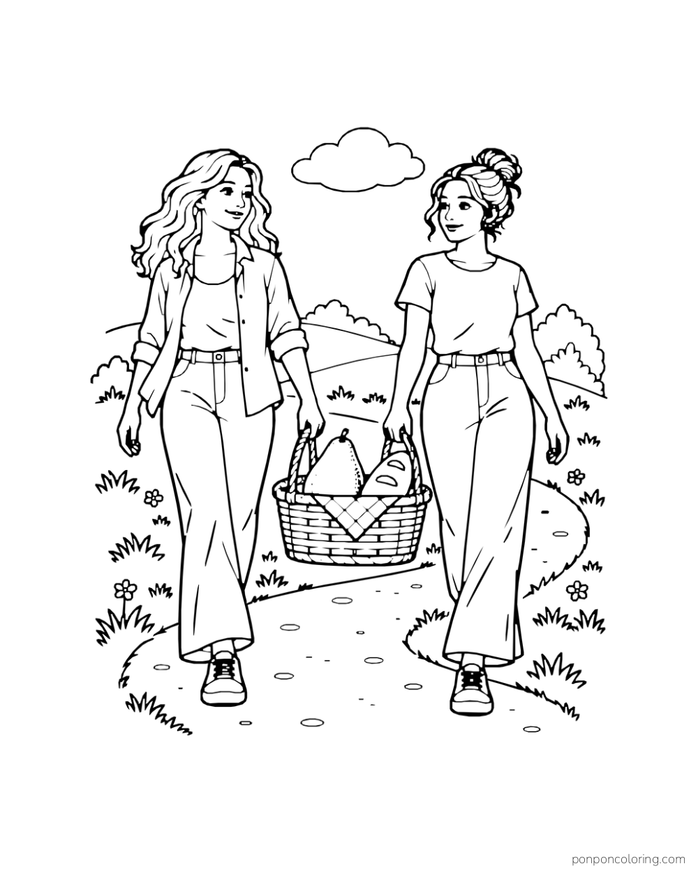 Two adult friends carry a picnic basket with one avocado and a loaf along a short country path.
