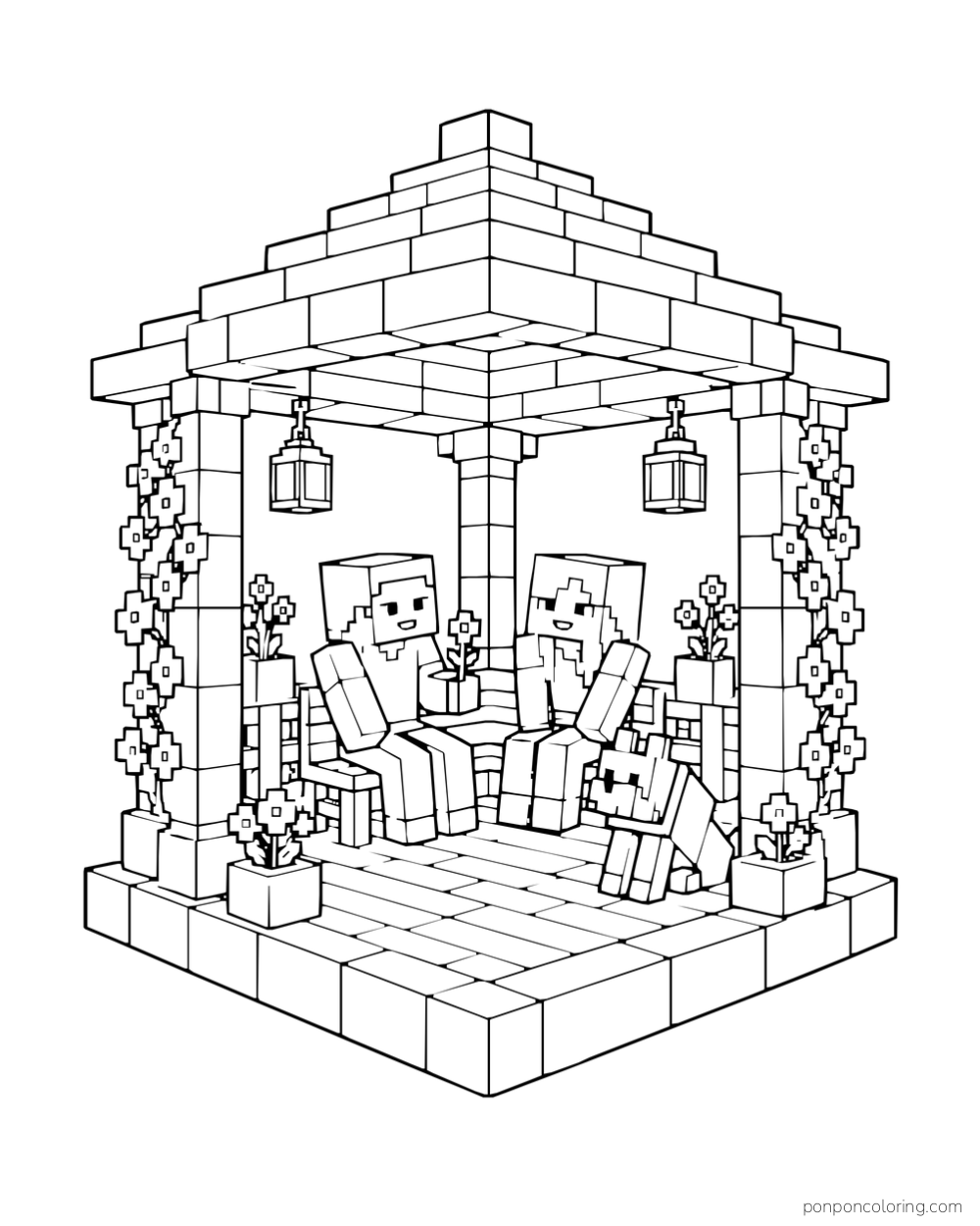 Steve and Alex sit with a wolf inside a complete gazebo decorated with flowers and lanterns.