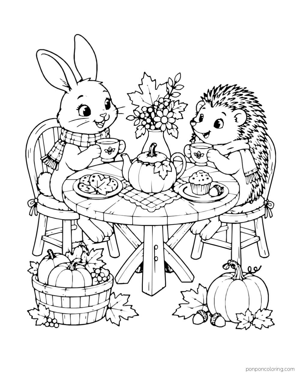 A rabbit and hedgehog share tea and pastries at a round table with a pumpkin-shaped teapot.