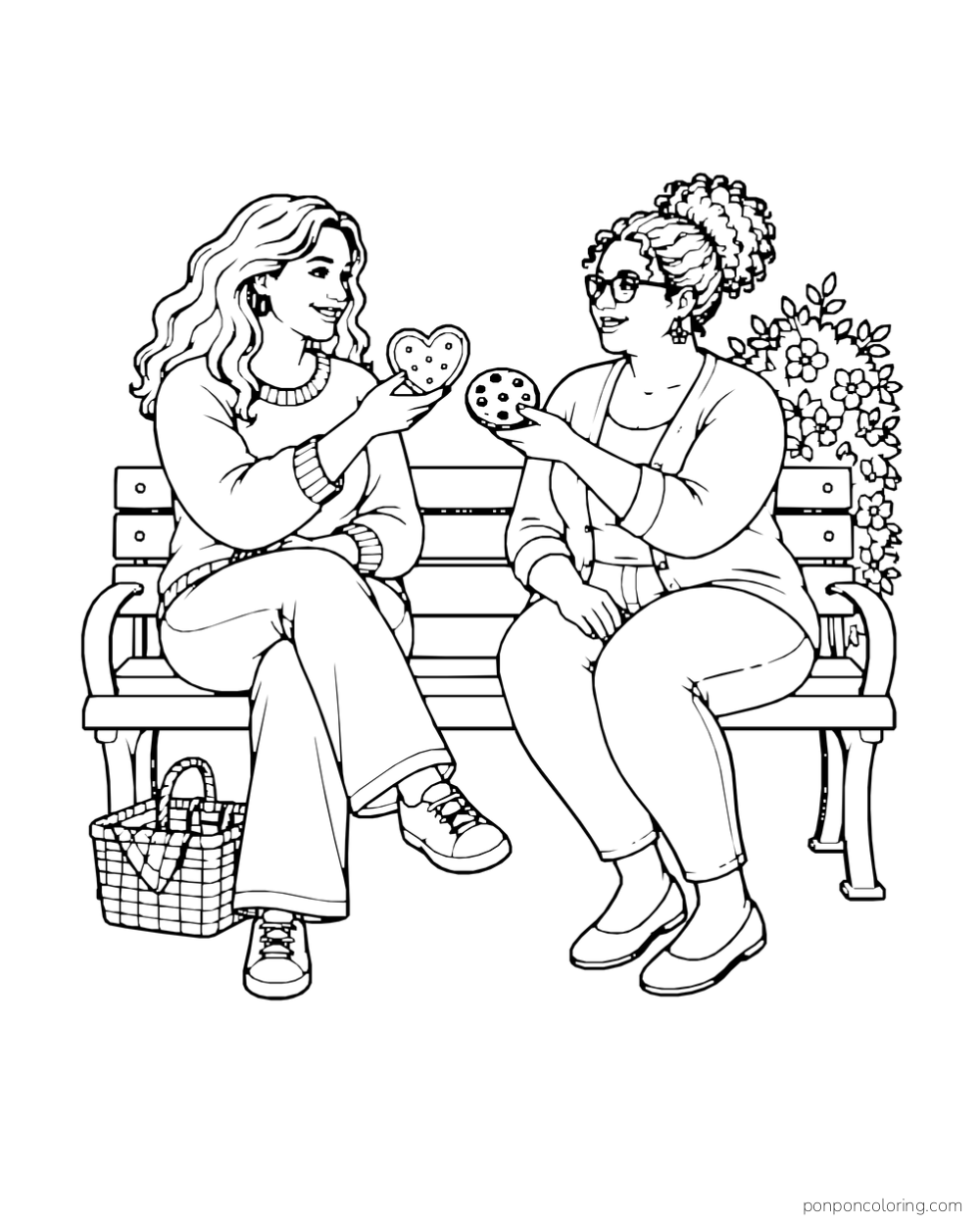 Two friends sit on a bench and offer different cookies to each other.