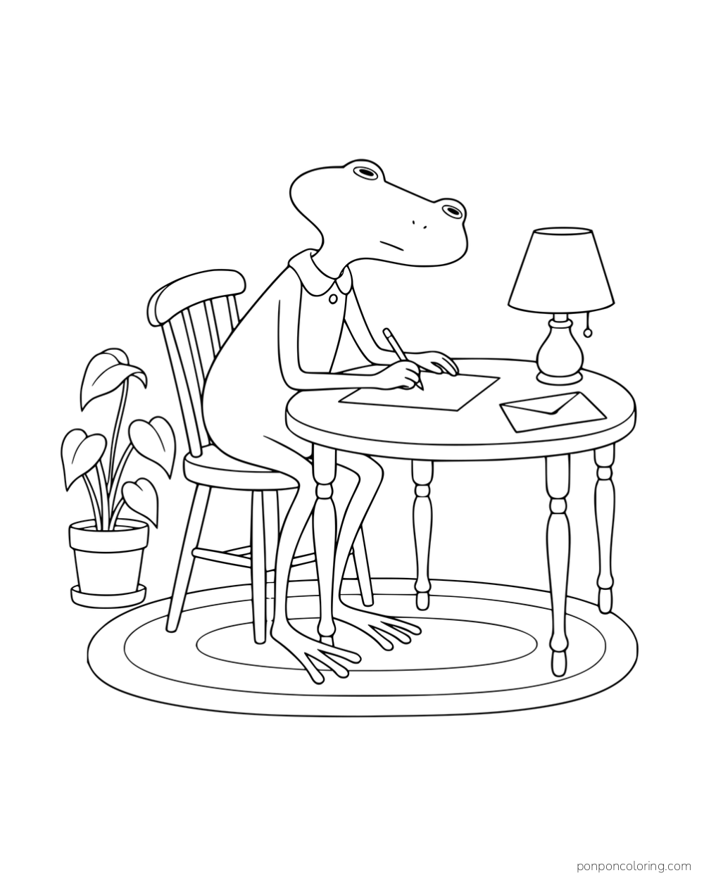 A long-legged frog writing at a round table with an envelope and lamp beside a potted plant.