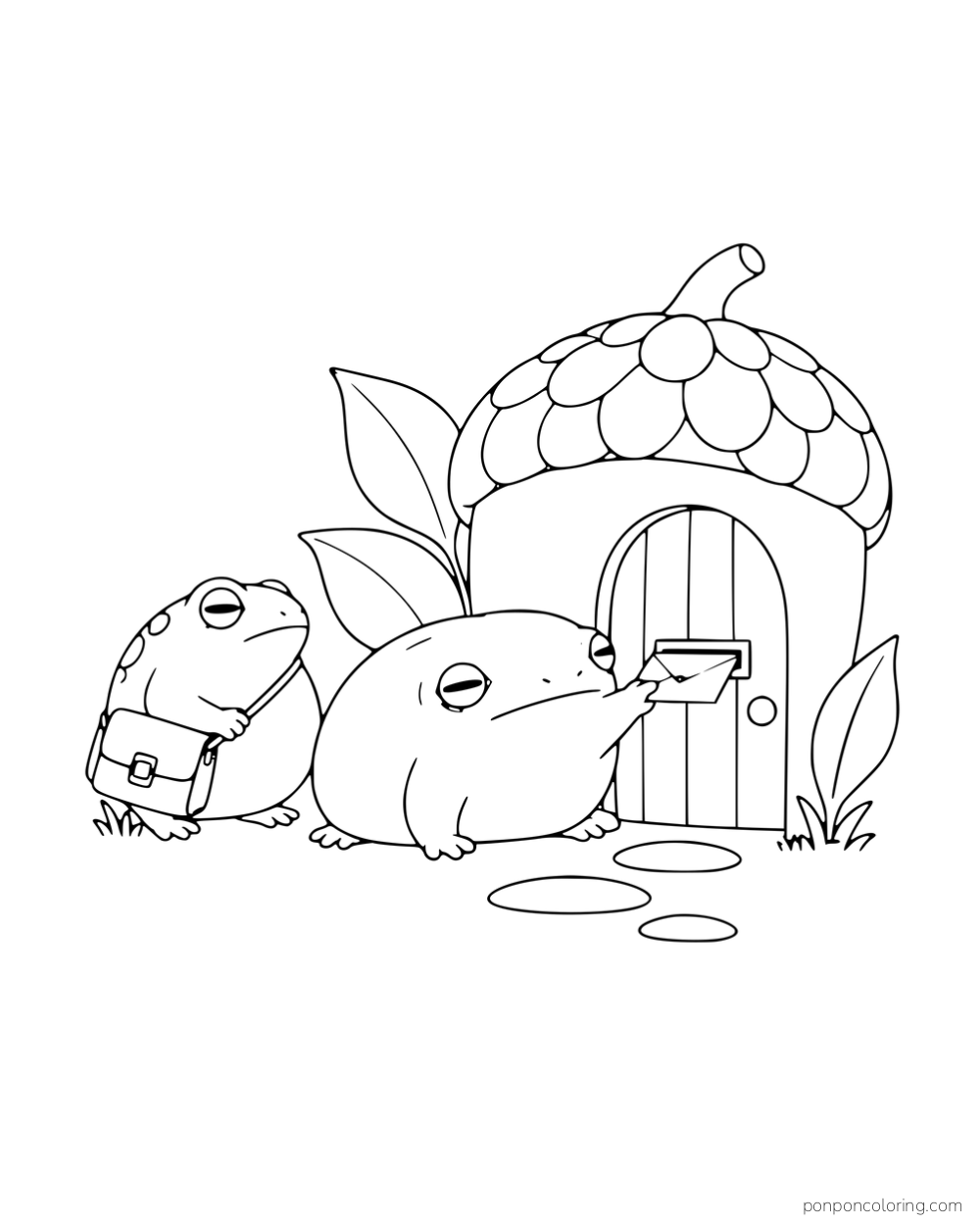 Two round frogs delivering mail at an acorn-shaped post office.