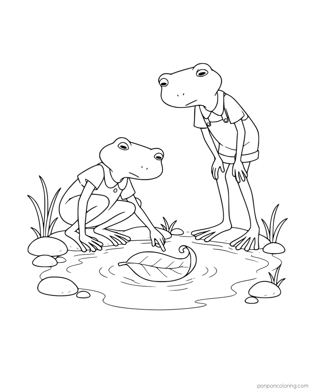 Two long-legged frogs watching a curled leaf in a puddle beside stones and grass.