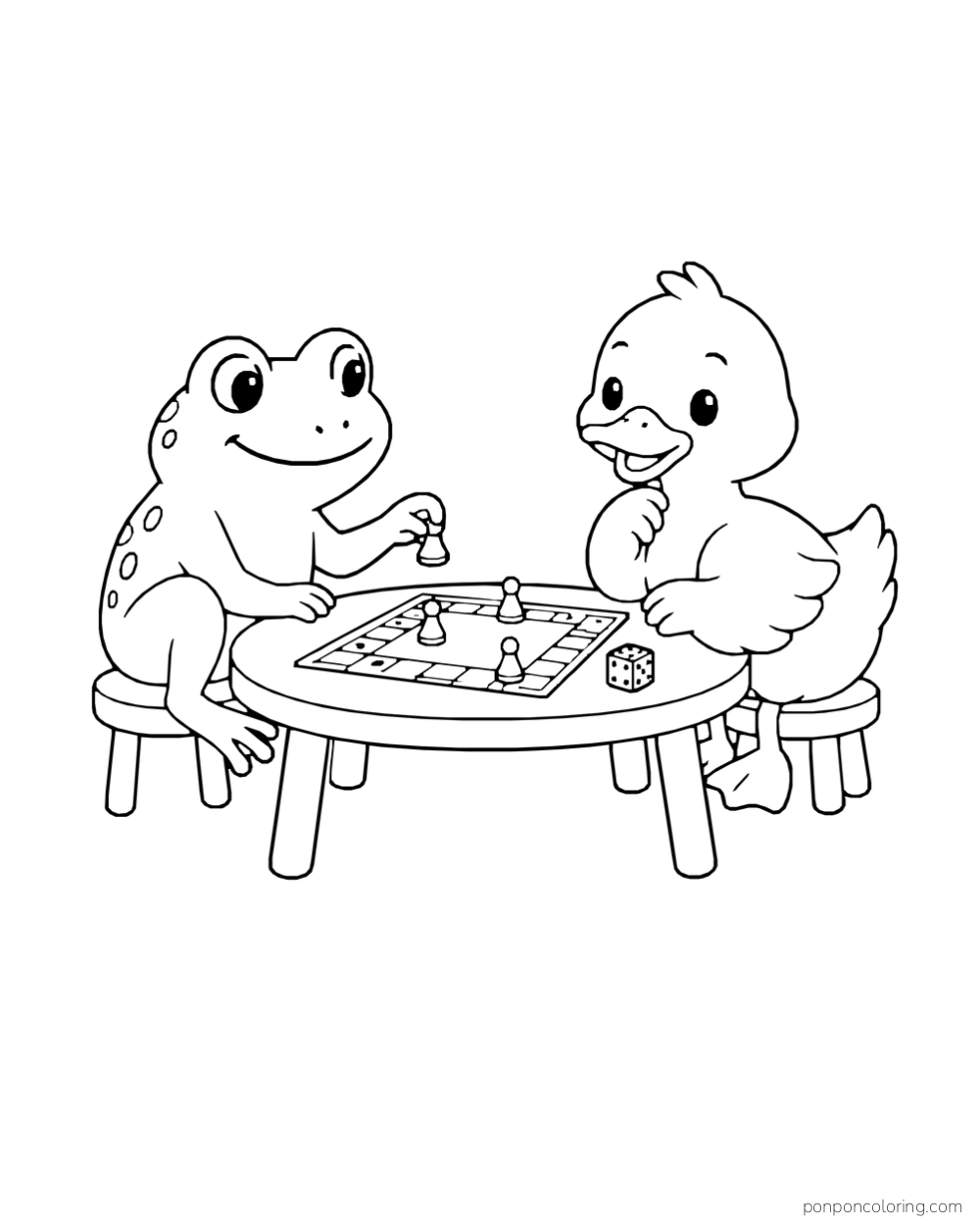 A frog and duck sit at a round table playing a board game with pawns and a die.