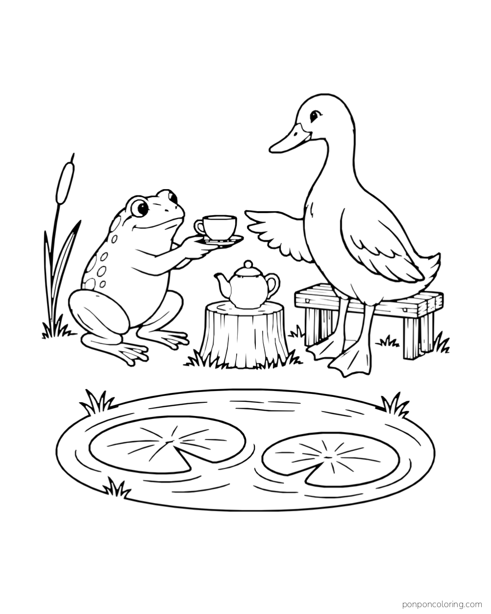 Frog offers a cup to a duck at a small table near lily pads on a pond.