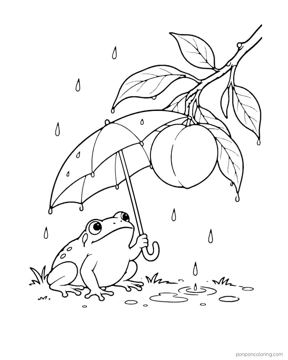 Frog holding an umbrella beneath a peach branch in light rain.