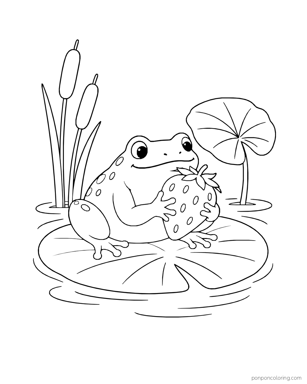 A broad frog holds a strawberry while resting on a lily pad beside reeds.