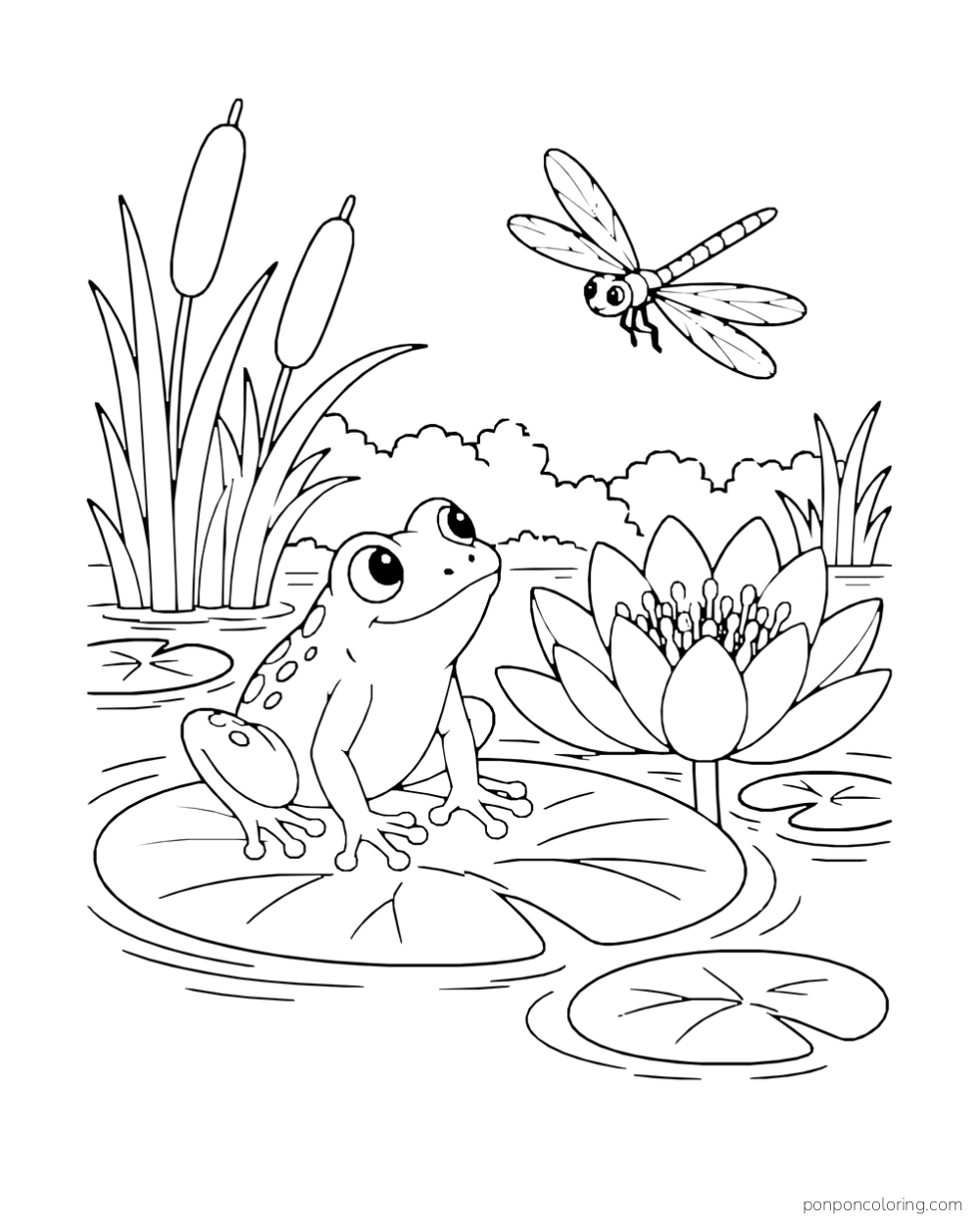 A frog rests on a lily pad beside a blooming water lily while a dragonfly hovers above.