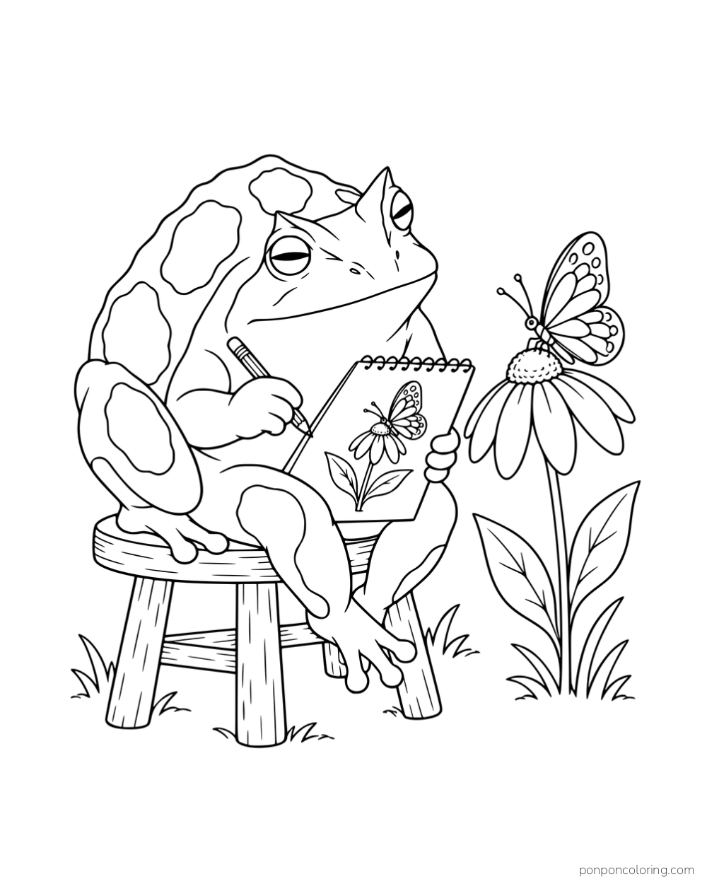 A patterned frog drawing a butterfly on a sketchpad while sitting beside a flower.