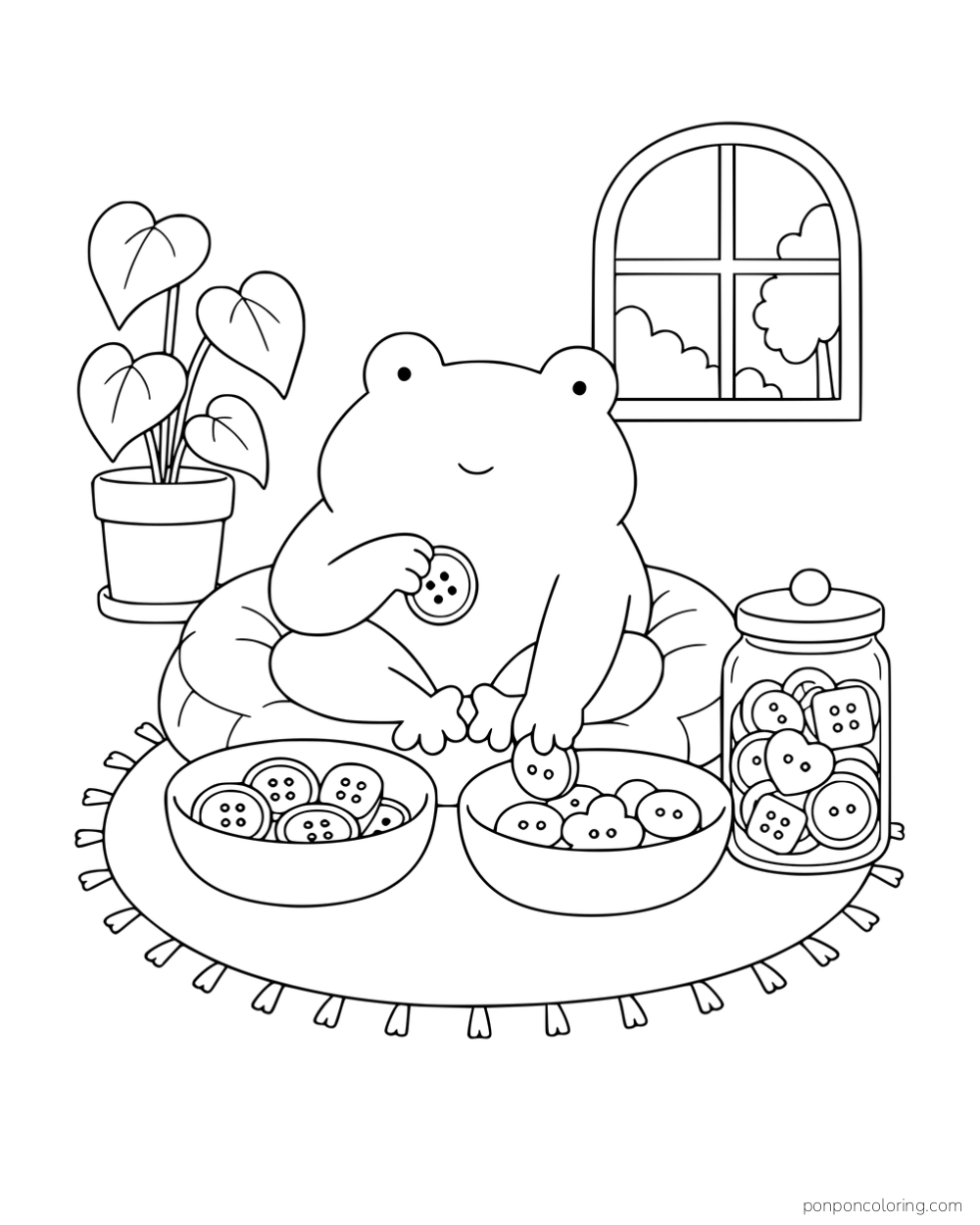 A frog sorting buttons into two bowls on a rug beside a button jar, potted plant and window.