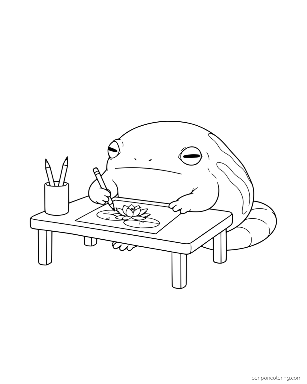 A round striped frog drawing a water lily at a low desk beside a cup of pencils.