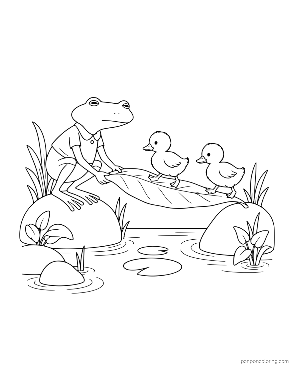 A long-legged frog holding a leaf bridge for two ducklings crossing between rocks.