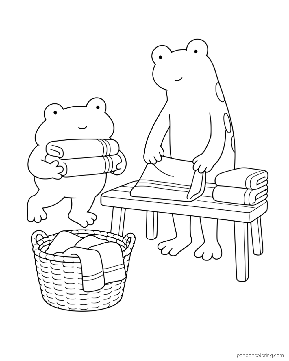 Two frogs folding and carrying towels beside a bench and a laundry basket.