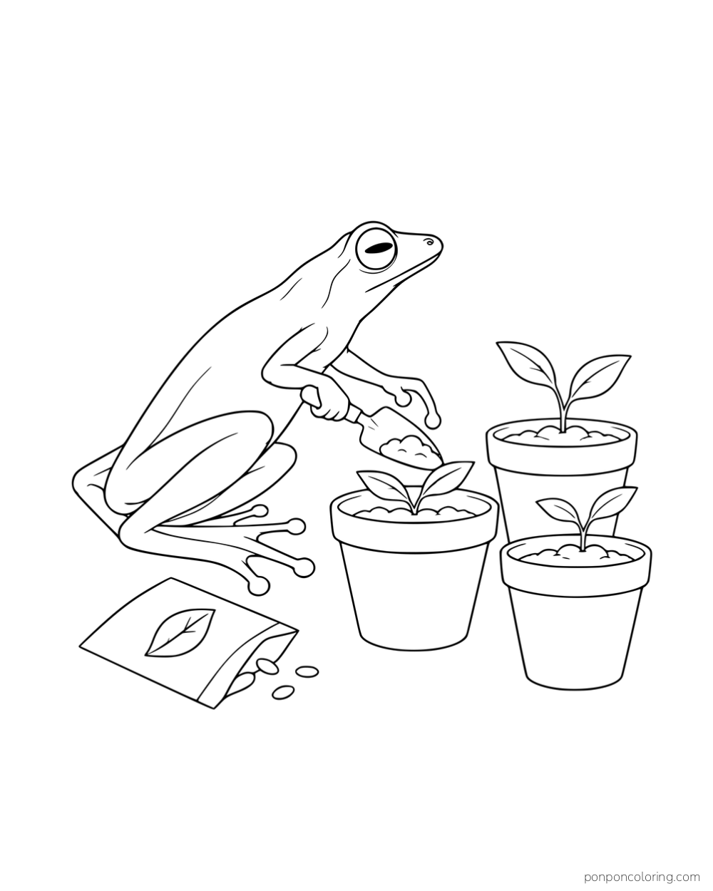 A slender frog tending three seedling pots beside a trowel and a seed packet.