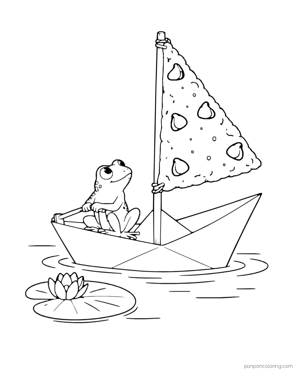 A frog sits in a paper boat beneath a triangular cookie sail beside a lily pad.