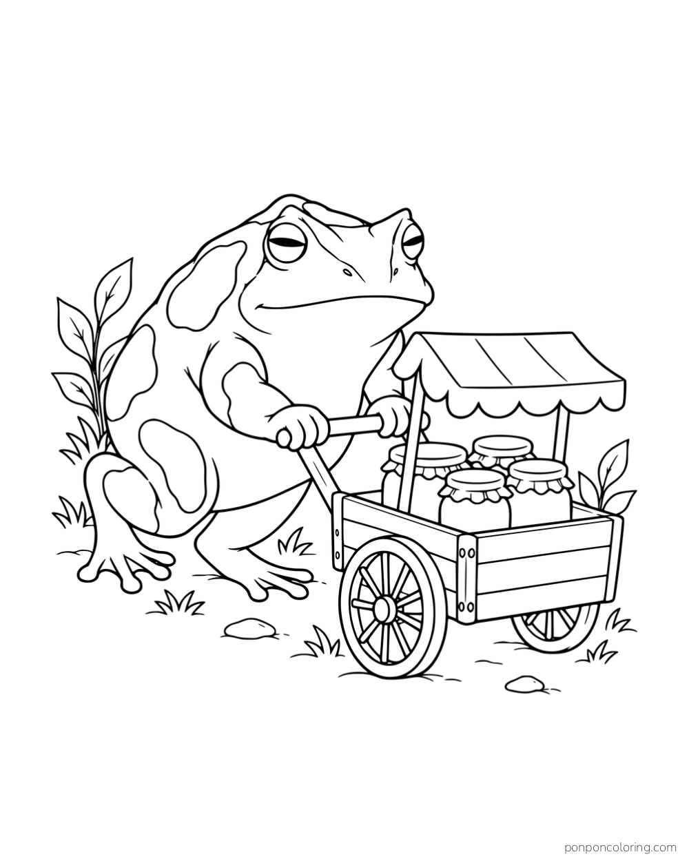 A broad patterned frog pushing a small jam cart with a canopy and jars.