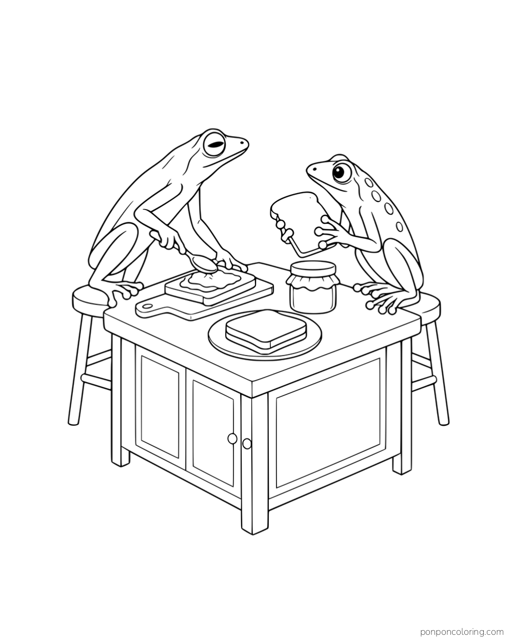 Two slender frogs making jam sandwiches on a kitchen counter with a jar and plates.