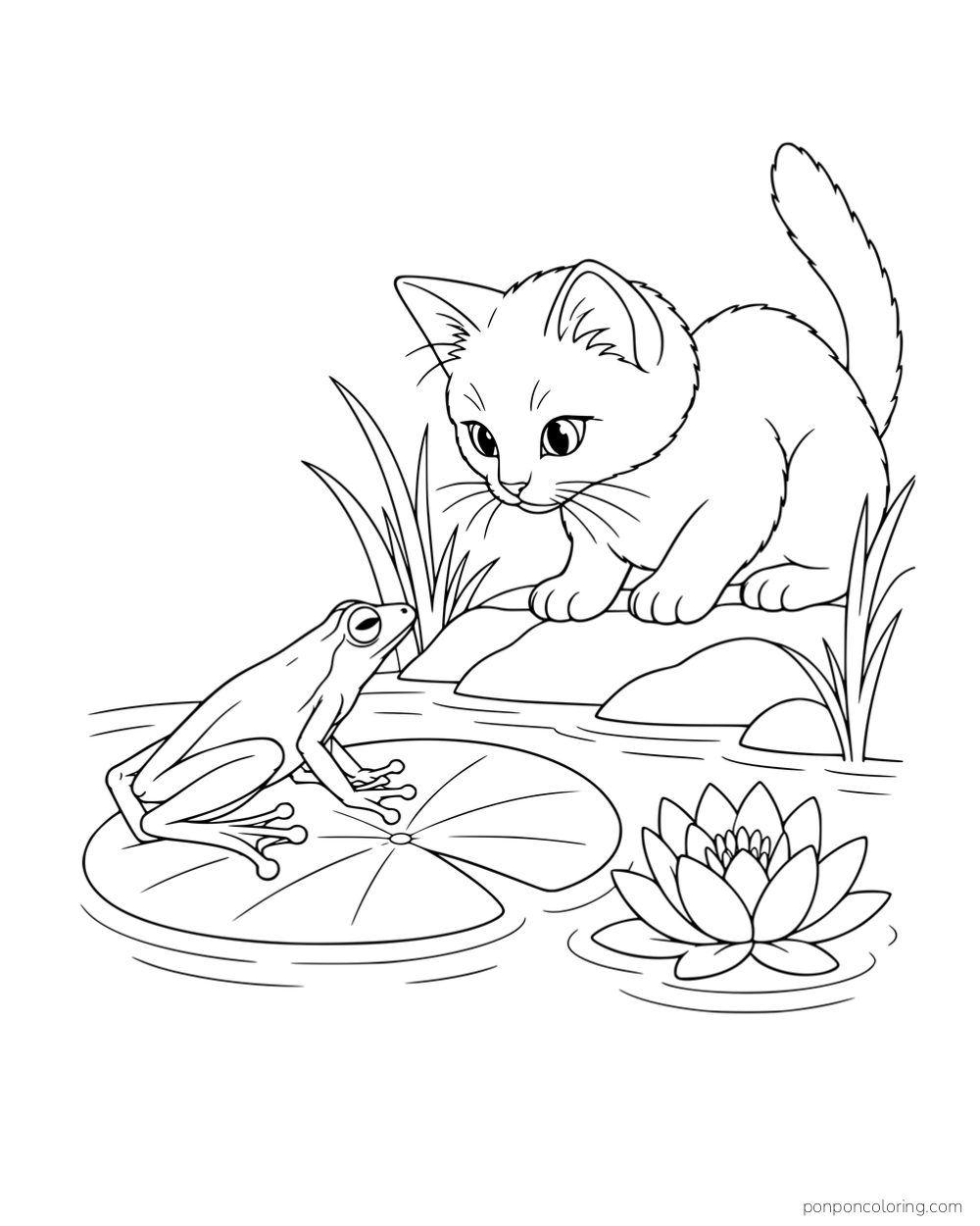 A kitten crouching on a pond bank facing a slender frog on a lily pad.