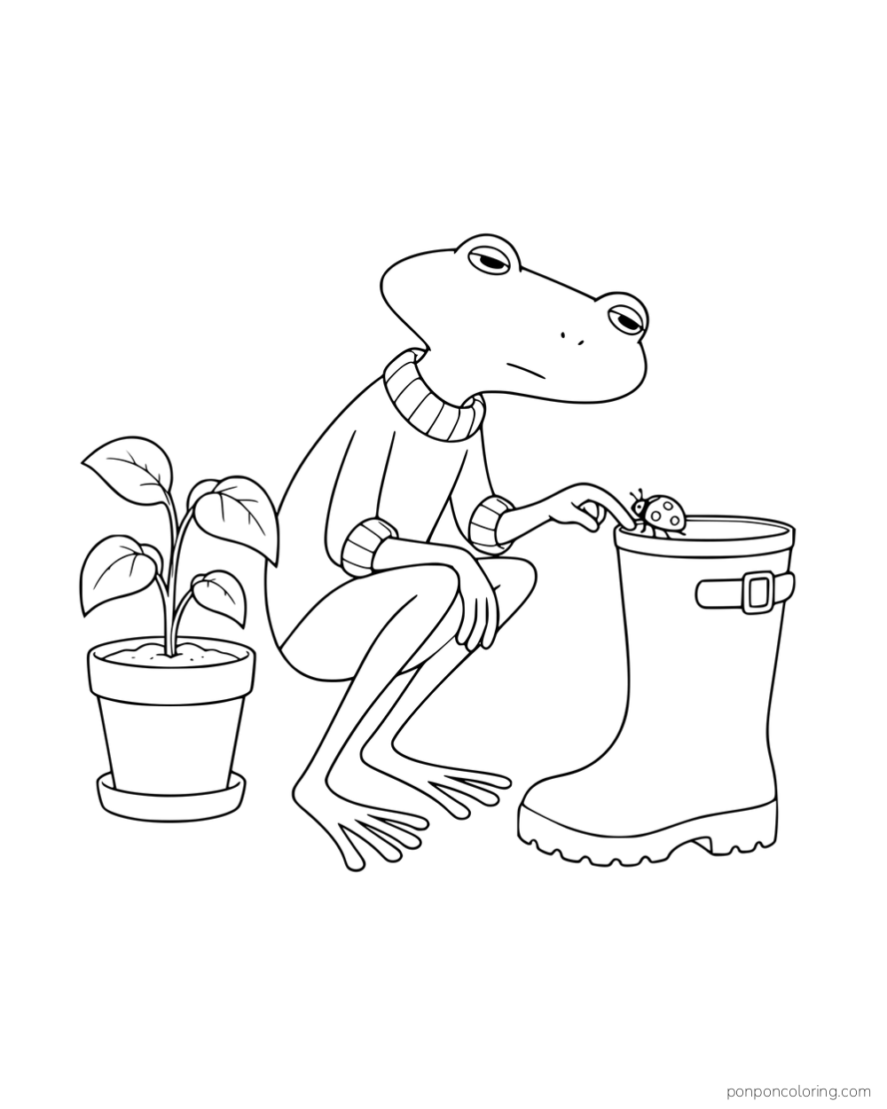 A long-legged frog beside a rain boot with a ladybug on its rim and a potted plant nearby.