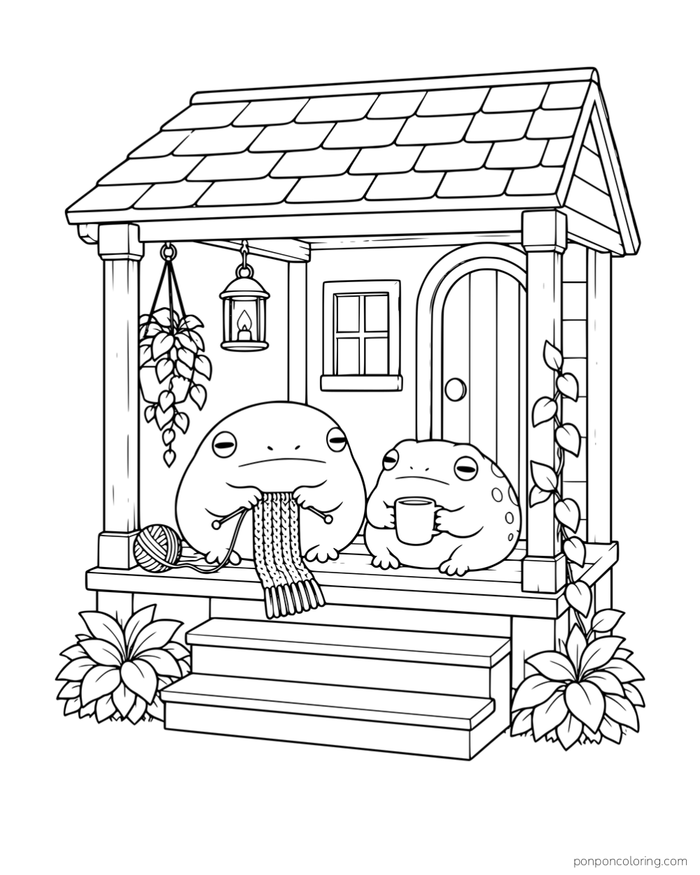 Two round frogs sitting on a porch, one knitting a scarf and the other holding a cup beneath a lantern.